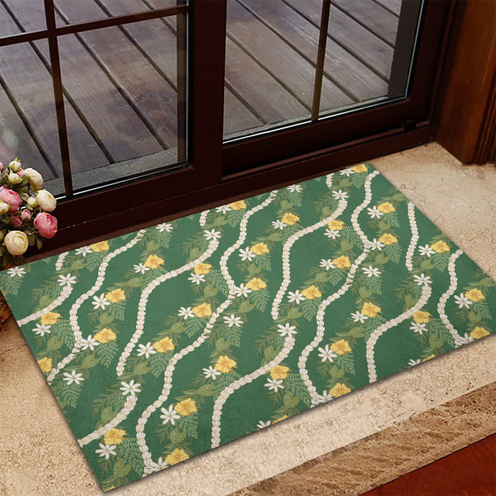 Hawaiian Pikake Maile Lei Rubber Doormat Tiare Hibiscus Kalo Palapalai Leaf Green