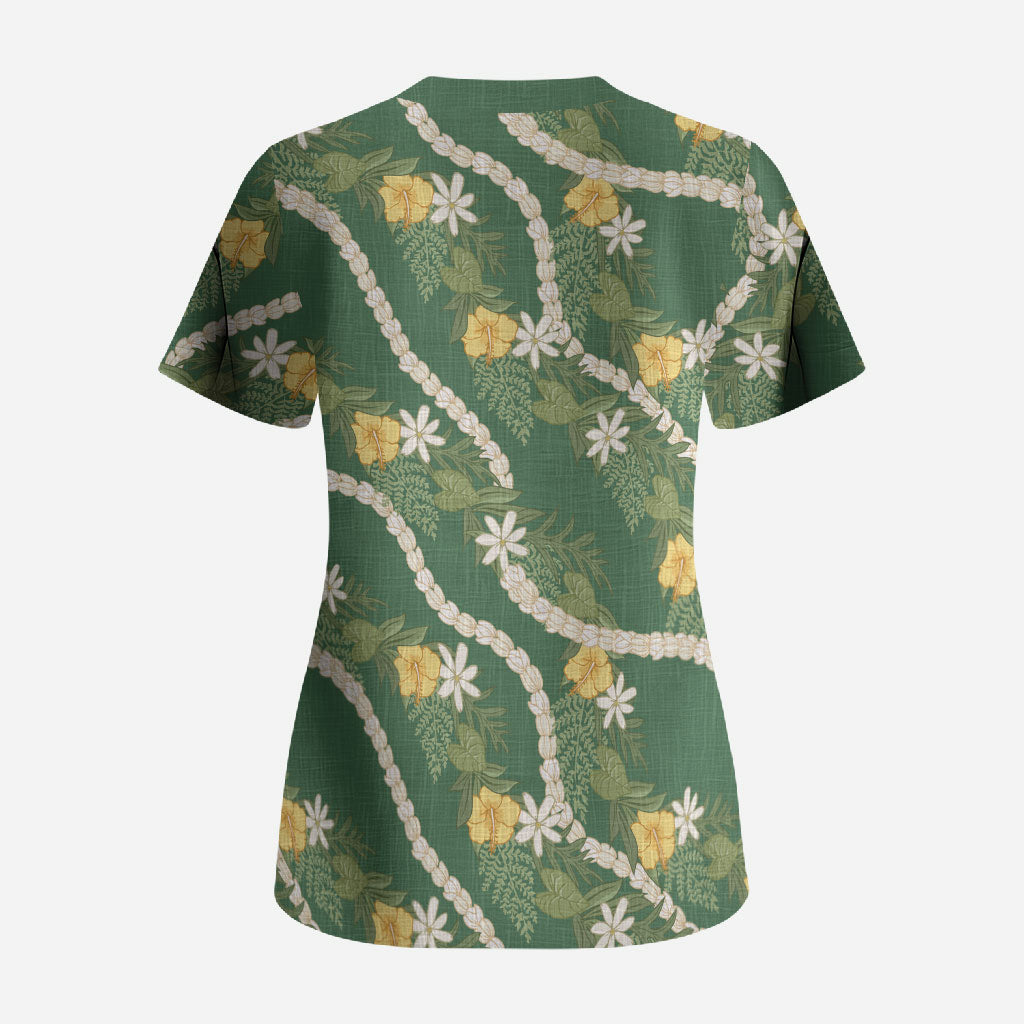 Hawaiian Pikake Maile Lei Scrub Top Tiare Hibiscus Kalo Palapalai Leaf Green LT19 - Polynesian Pride
