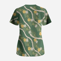 Hawaiian Pikake Maile Lei Scrub Top Tiare Hibiscus Kalo Palapalai Leaf Green LT19 - Polynesian Pride
