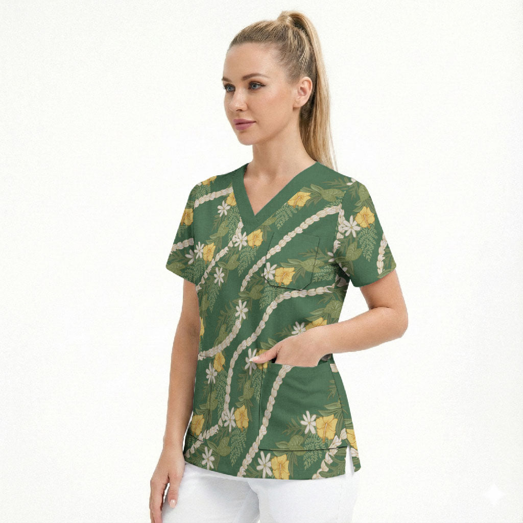 Hawaiian Pikake Maile Lei Scrub Top Tiare Hibiscus Kalo Palapalai Leaf Green LT19 - Polynesian Pride