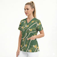Hawaiian Pikake Maile Lei Scrub Top Tiare Hibiscus Kalo Palapalai Leaf Green LT19 - Polynesian Pride