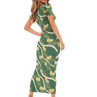 Hawaiian Pikake Maile Lei Short Sleeve Bodycon Dress Tiare Hibiscus Kalo Palapalai Leaf Green