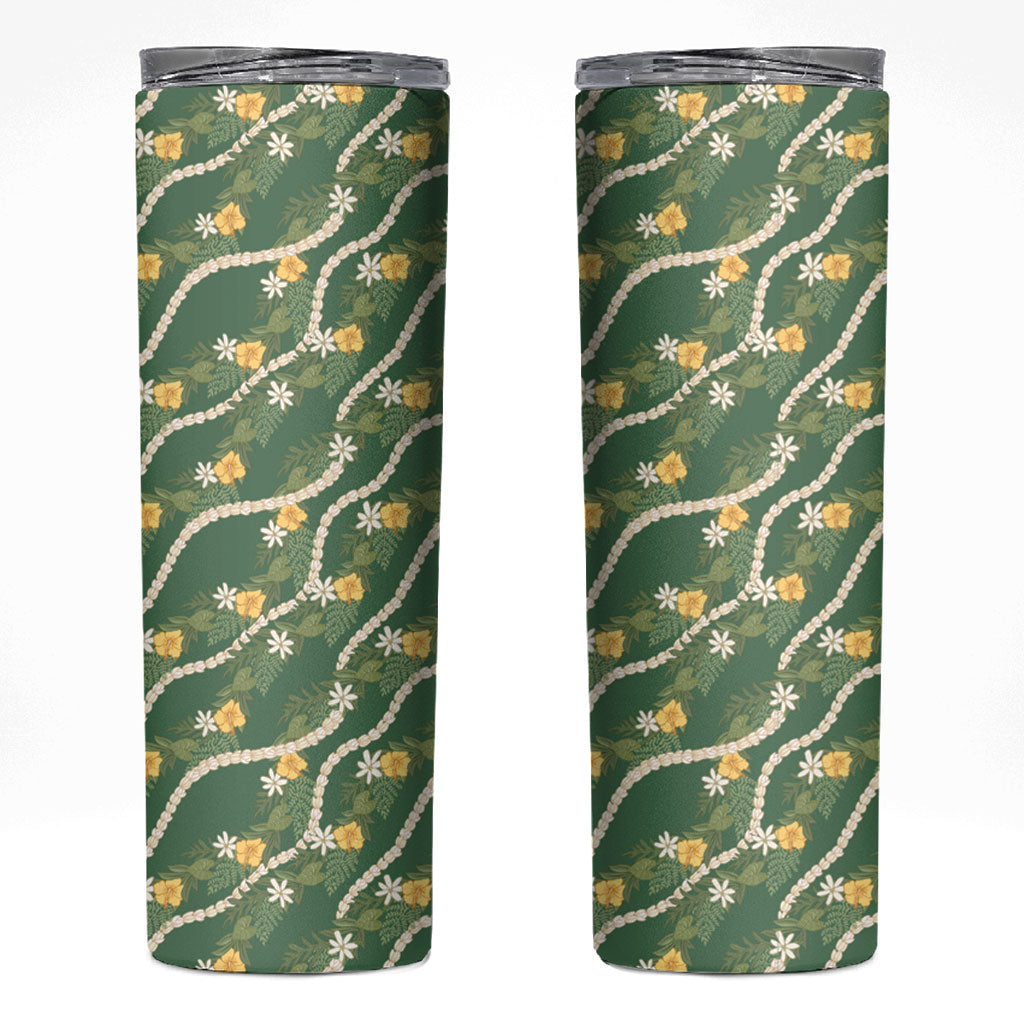 Hawaiian Pikake Maile Lei Skinny Tumbler Tiare Hibiscus Kalo Palapalai Leaf Green