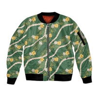 Hawaiian Pikake Maile Lei Sleeve Zip Bomber Jacket Tiare Hibiscus Kalo Palapalai Leaf Green
