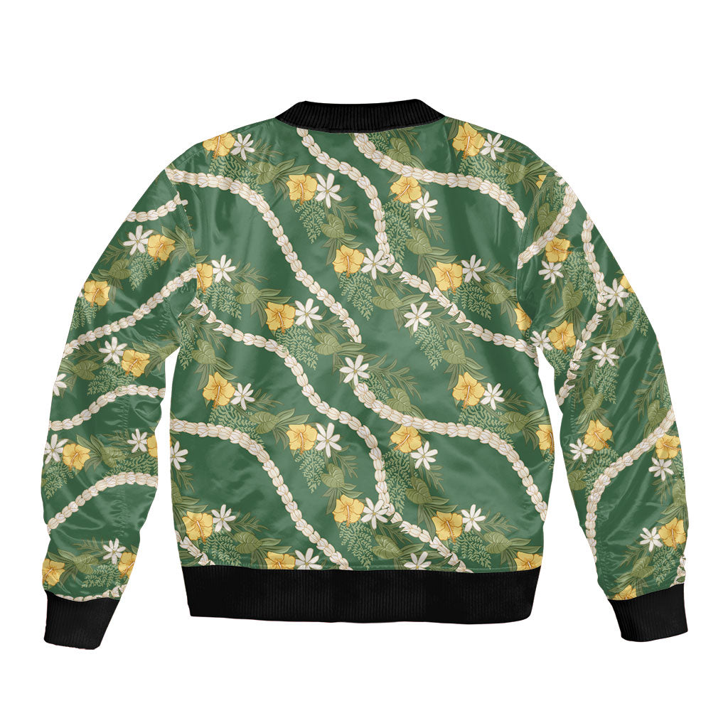 Hawaiian Pikake Maile Lei Sleeve Zip Bomber Jacket Tiare Hibiscus Kalo Palapalai Leaf Green