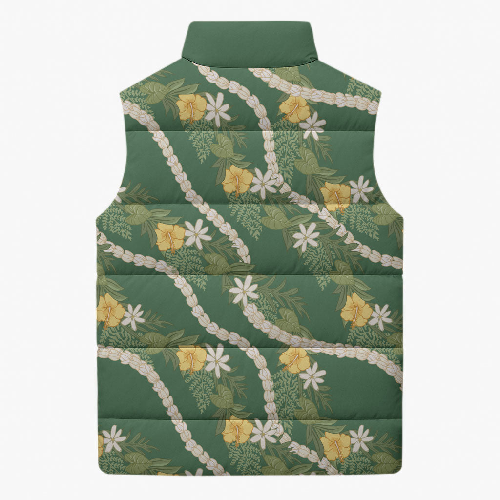 Hawaiian Pikake Maile Lei Sleeveless Puffer Jacket Tiare Hibiscus Kalo Palapalai Leaf Green LT19 - Polynesian Pride