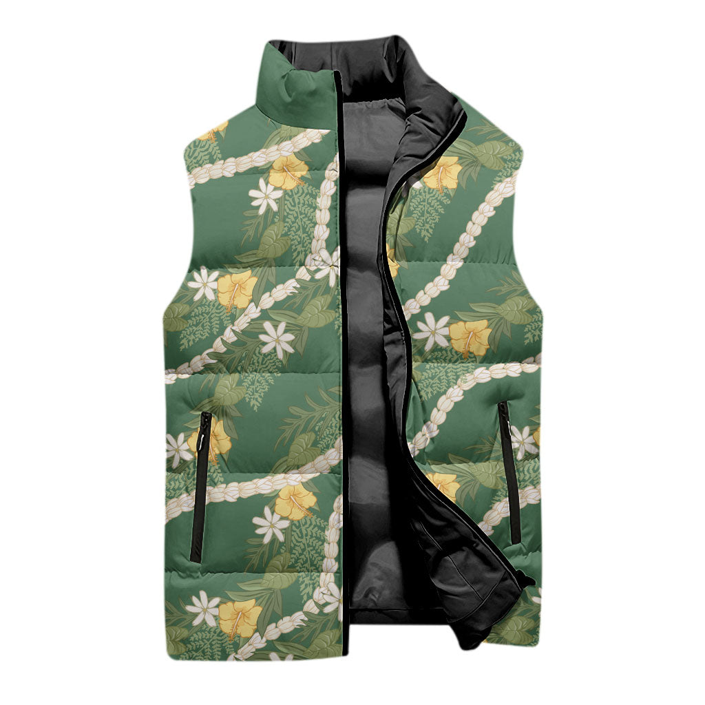 Hawaiian Pikake Maile Lei Sleeveless Puffer Jacket Tiare Hibiscus Kalo Palapalai Leaf Green LT19 - Polynesian Pride