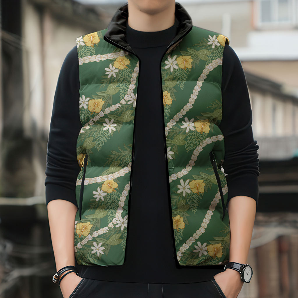 Hawaiian Pikake Maile Lei Sleeveless Puffer Jacket Tiare Hibiscus Kalo Palapalai Leaf Green LT19 - Polynesian Pride