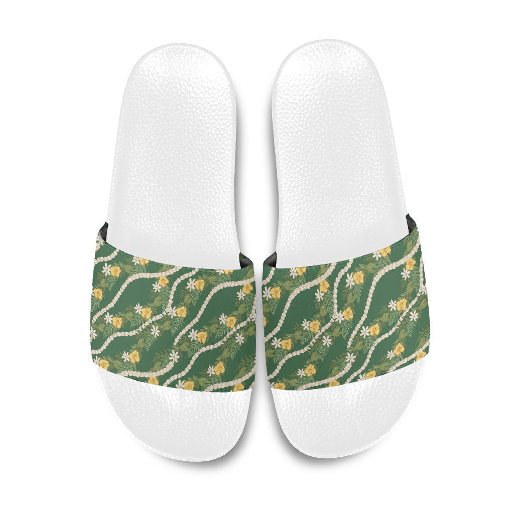 Hawaiian Pikake Maile Lei Slide Sandals Tiare Hibiscus Kalo Palapalai Leaf Green LT19 Green - Polynesian Pride