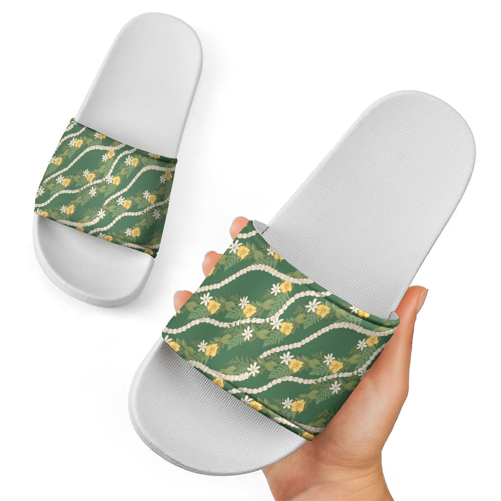 Hawaiian Pikake Maile Lei Slide Sandals Tiare Hibiscus Kalo Palapalai Leaf Green LT19 - Polynesian Pride