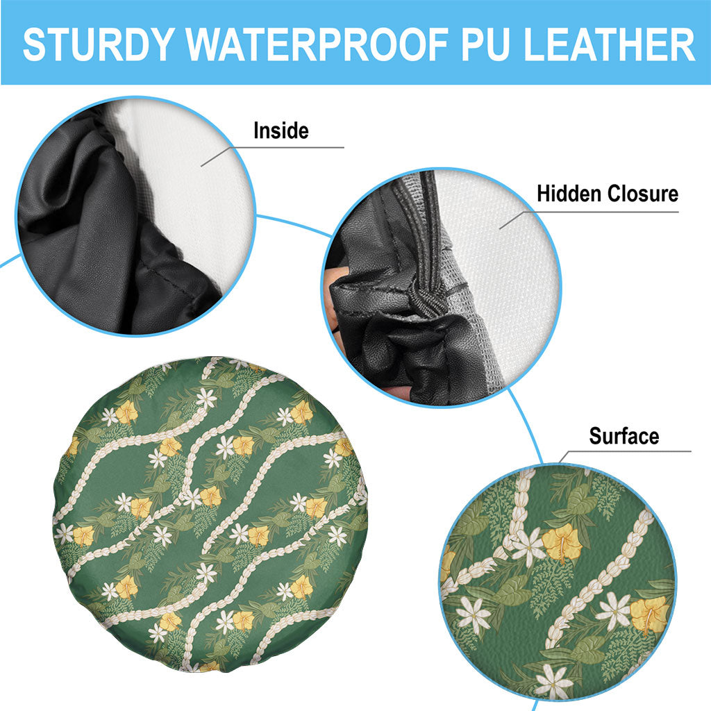 Hawaiian Pikake Maile Lei Spare Tire Cover Tiare Hibiscus Kalo Palapalai Leaf Green