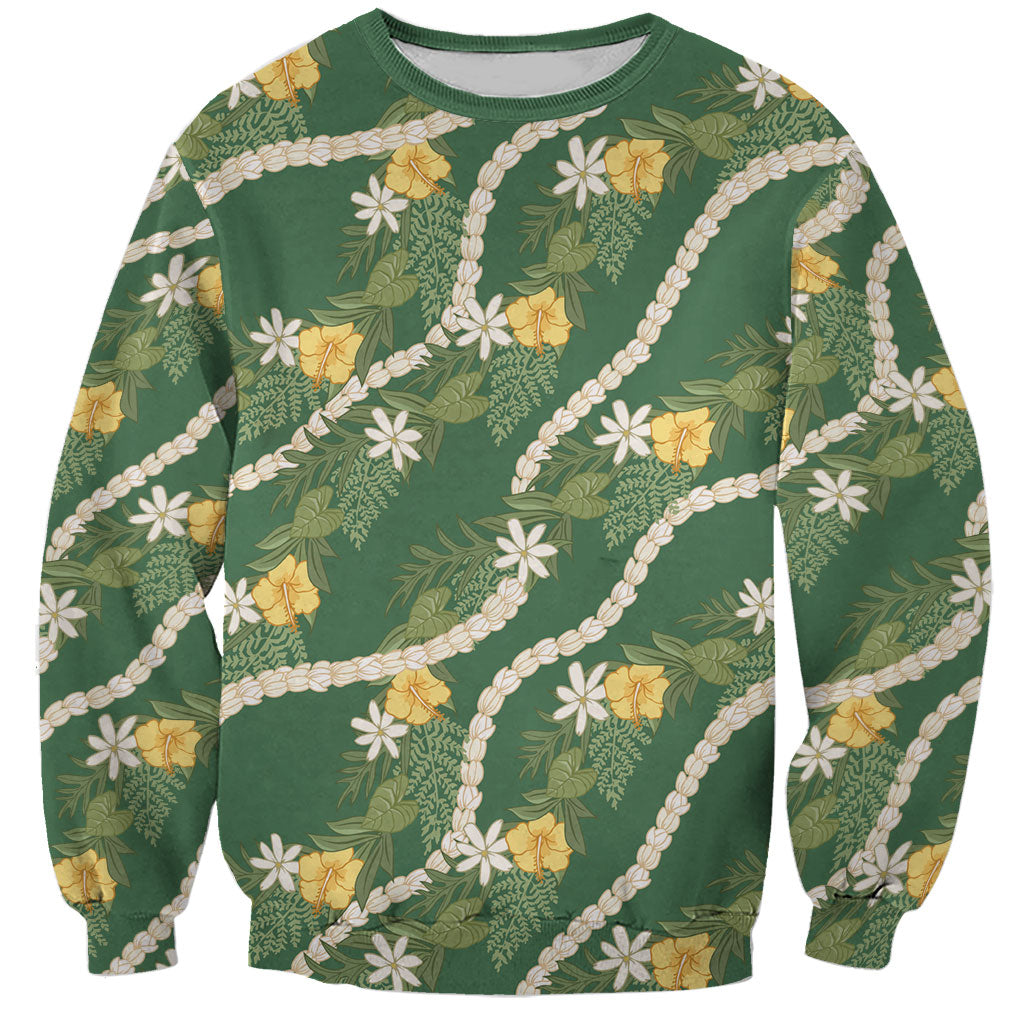 Hawaiian Pikake Maile Lei Sweatshirt Tiare Hibiscus Kalo Palapalai Leaf Green LT19 Unisex Green - Polynesian Pride