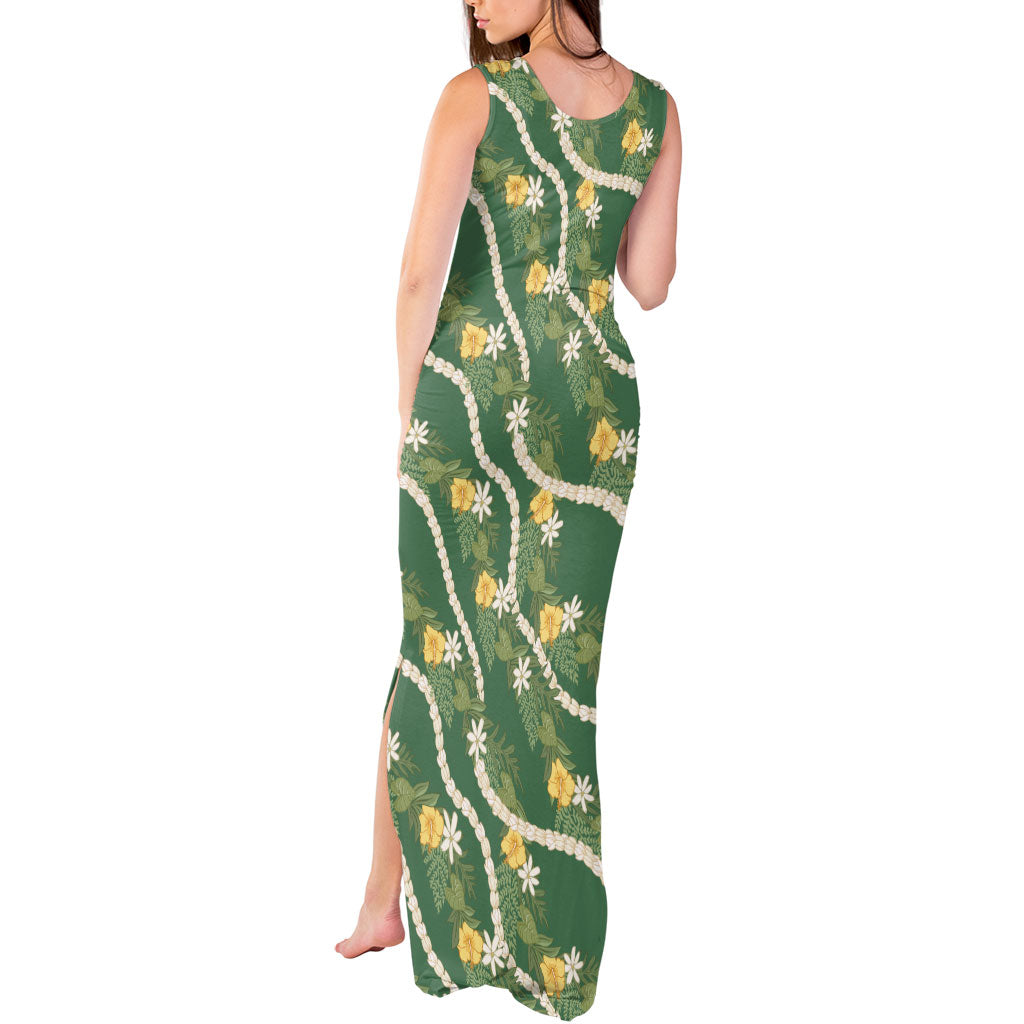 Hawaiian Pikake Maile Lei Tank Maxi Dress Tiare Hibiscus Kalo Palapalai Leaf Green