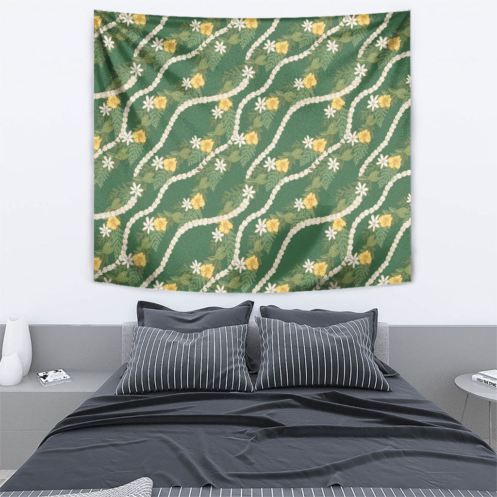 Hawaiian Pikake Maile Lei Tapestry Tiare Hibiscus Kalo Palapalai Leaf Green LT19 - Polynesian Pride