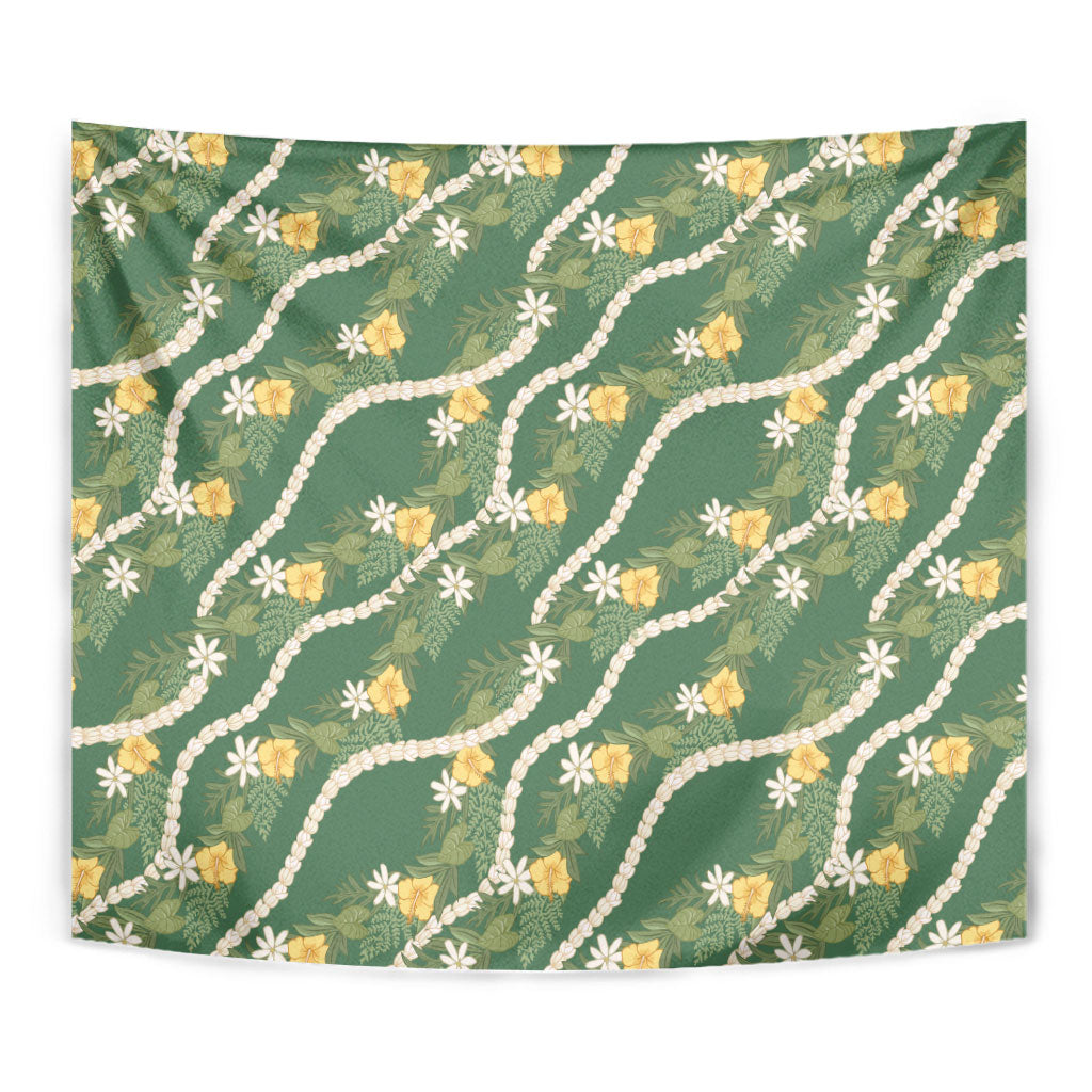 Hawaiian Pikake Maile Lei Tapestry Tiare Hibiscus Kalo Palapalai Leaf Green LT19 - Polynesian Pride