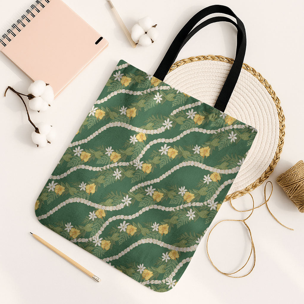 Hawaiian Pikake Maile Lei Tote Bag Tiare Hibiscus Kalo Palapalai Leaf Green LT19 Black Strap One Size Green - Polynesian Pride