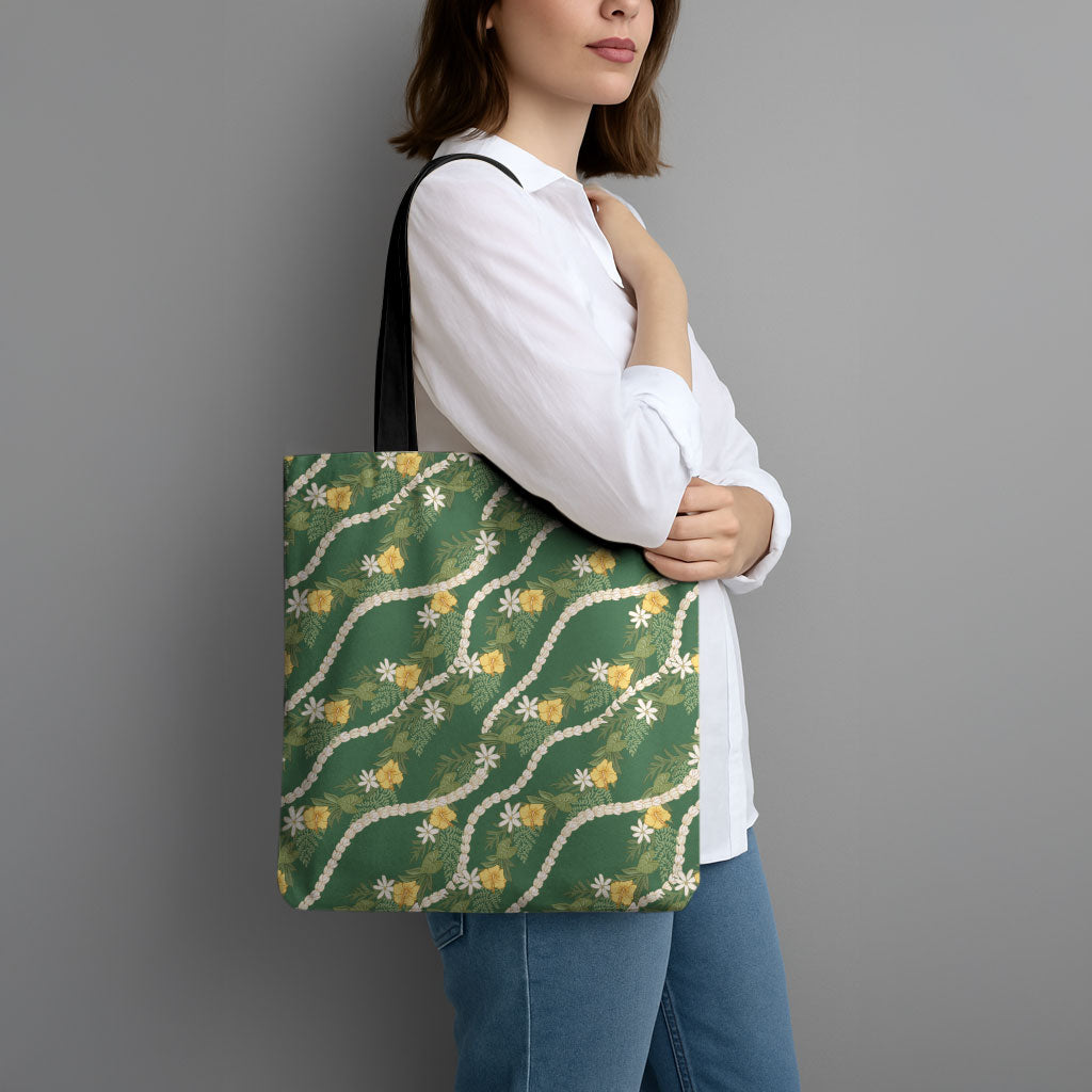 Hawaiian Pikake Maile Lei Tote Bag Tiare Hibiscus Kalo Palapalai Leaf Green LT19 - Polynesian Pride
