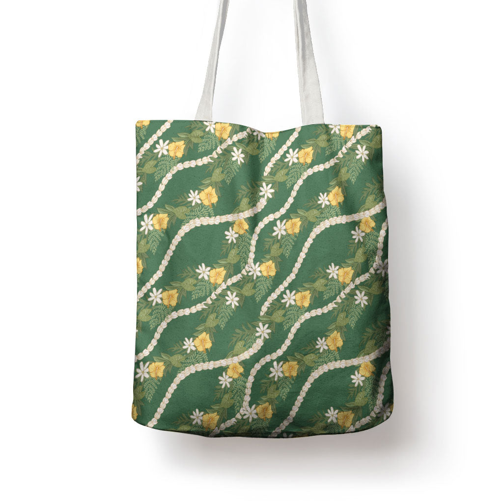 Hawaiian Pikake Maile Lei Tote Bag Tiare Hibiscus Kalo Palapalai Leaf Green LT19 - Polynesian Pride