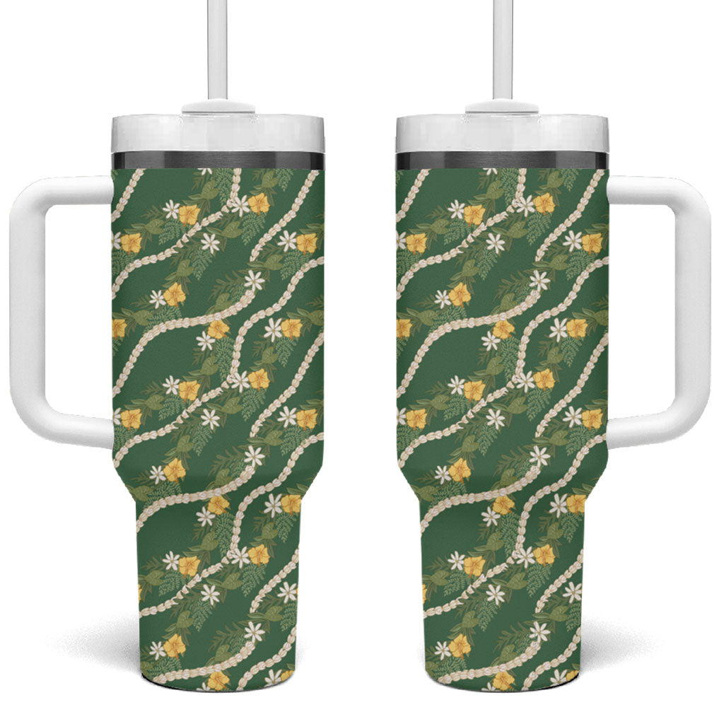 Hawaiian Pikake Maile Lei Tumbler With Handle Tiare Hibiscus Kalo Palapalai Leaf Green LT19 One Size: 40 oz Green - Polynesian Pride