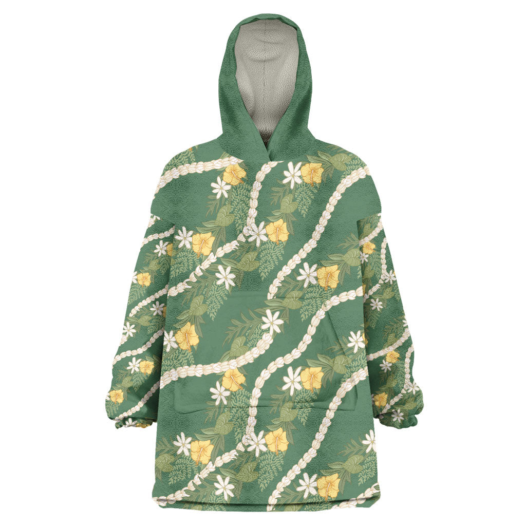 Hawaiian Pikake Maile Lei Wearable Blanket Hoodie Tiare Hibiscus Kalo Palapalai Leaf Green LT19 One Size Green - Polynesian Pride