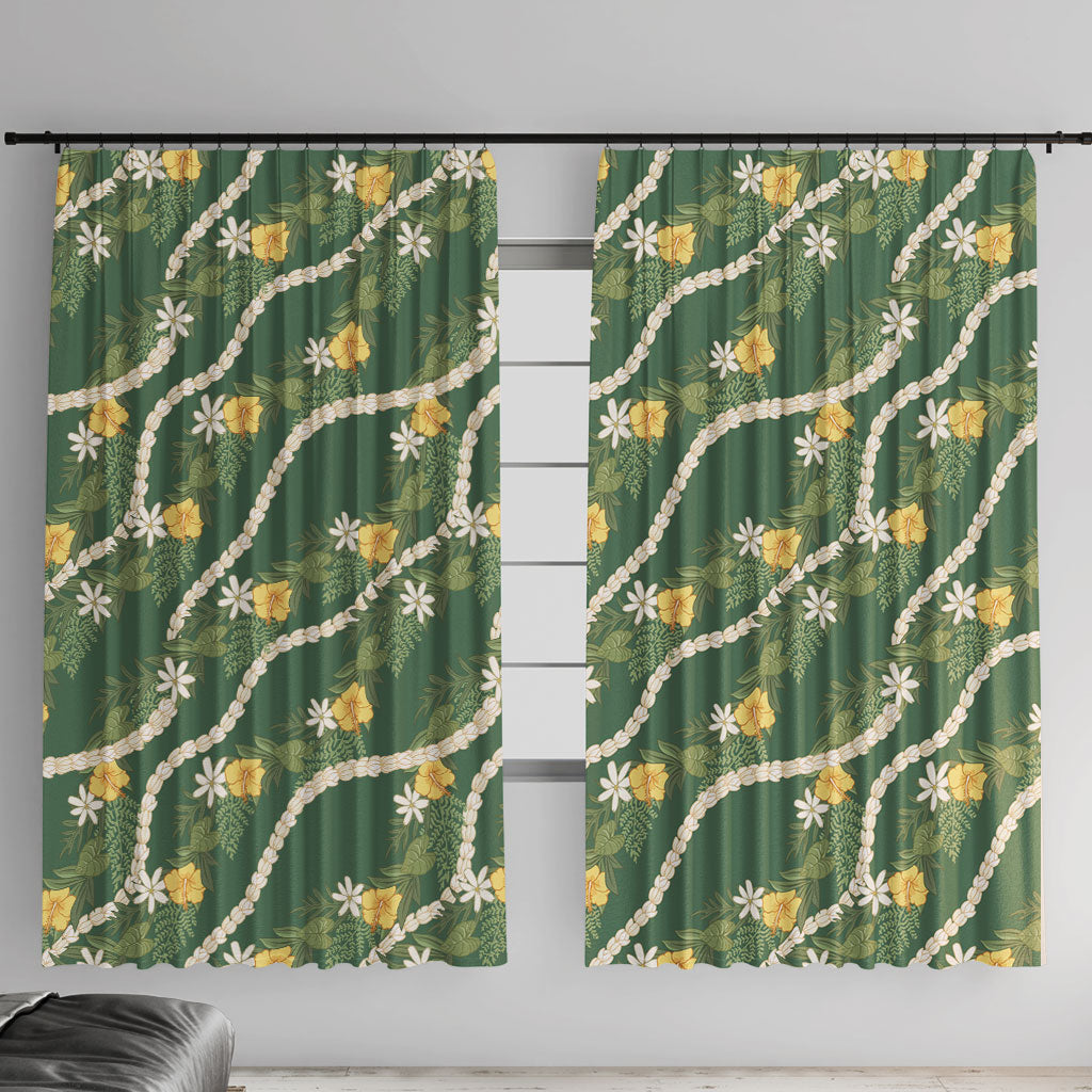 Hawaiian Pikake Maile Lei Window Curtain Tiare Hibiscus Kalo Palapalai Leaf Green LT19 With Hooks Green - Polynesian Pride