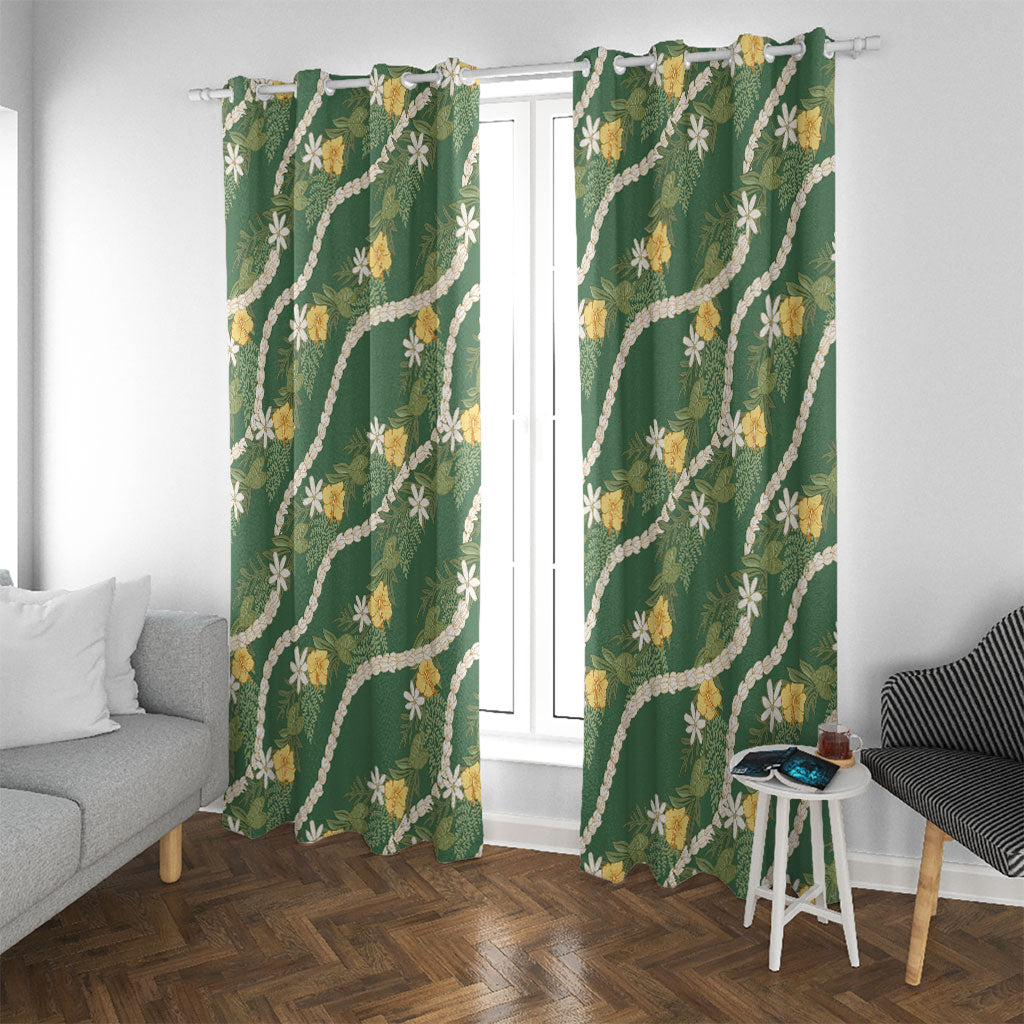 Hawaiian Pikake Maile Lei Window Curtain Tiare Hibiscus Kalo Palapalai Leaf Green LT19 With Grommets Green - Polynesian Pride