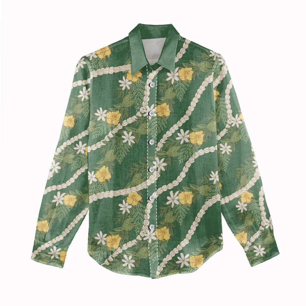 Hawaiian Pikake Maile Lei Women Casual Shirt Tiare Hibiscus Kalo Palapalai Leaf Green