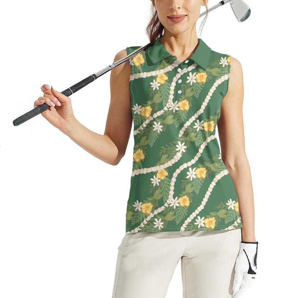 Hawaiian Pikake Maile Lei Women Sleeveless Polo Shirt Tiare Hibiscus Kalo Palapalai Leaf Green