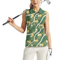 Hawaiian Pikake Maile Lei Women Sleeveless Polo Shirt Tiare Hibiscus Kalo Palapalai Leaf Green
