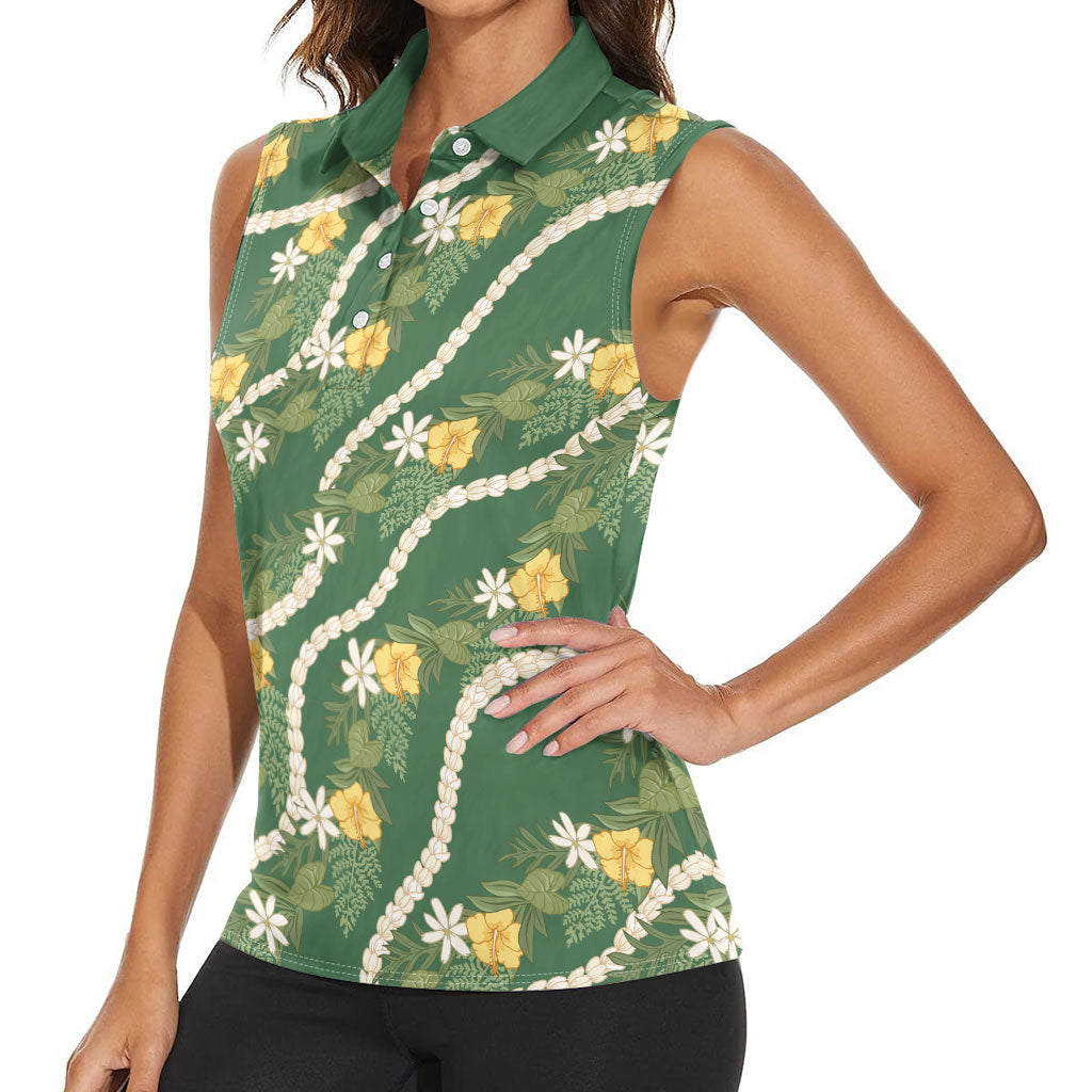 Hawaiian Pikake Maile Lei Women Sleeveless Polo Shirt Tiare Hibiscus Kalo Palapalai Leaf Green