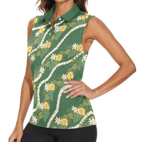 Hawaiian Pikake Maile Lei Women Sleeveless Polo Shirt Tiare Hibiscus Kalo Palapalai Leaf Green