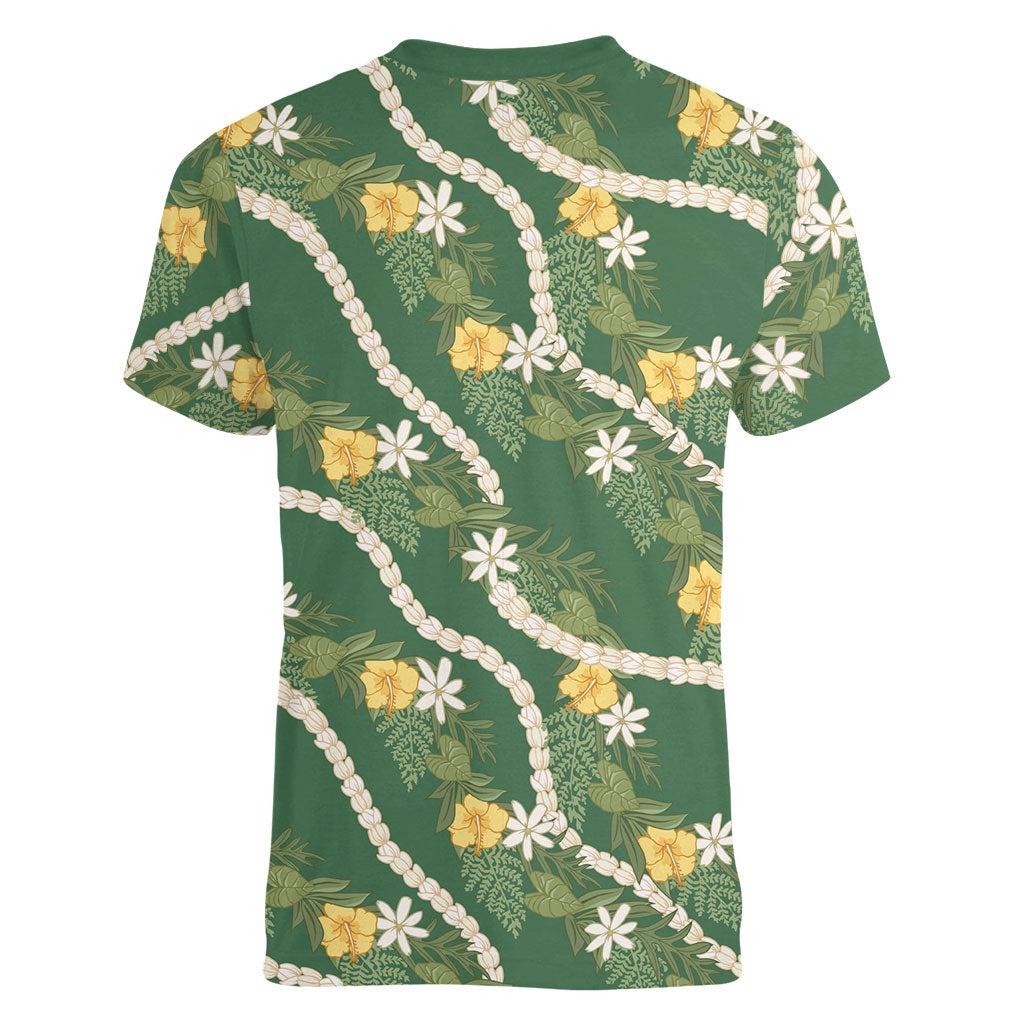 Hawaiian Pikake Maile Lei Women V-Neck T-Shirt Tiare Hibiscus Kalo Palapalai Leaf Green