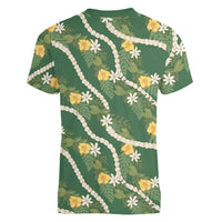 Hawaiian Pikake Maile Lei Women V-Neck T-Shirt Tiare Hibiscus Kalo Palapalai Leaf Green