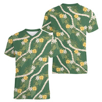 Hawaiian Pikake Maile Lei Women V-Neck T-Shirt Tiare Hibiscus Kalo Palapalai Leaf Green