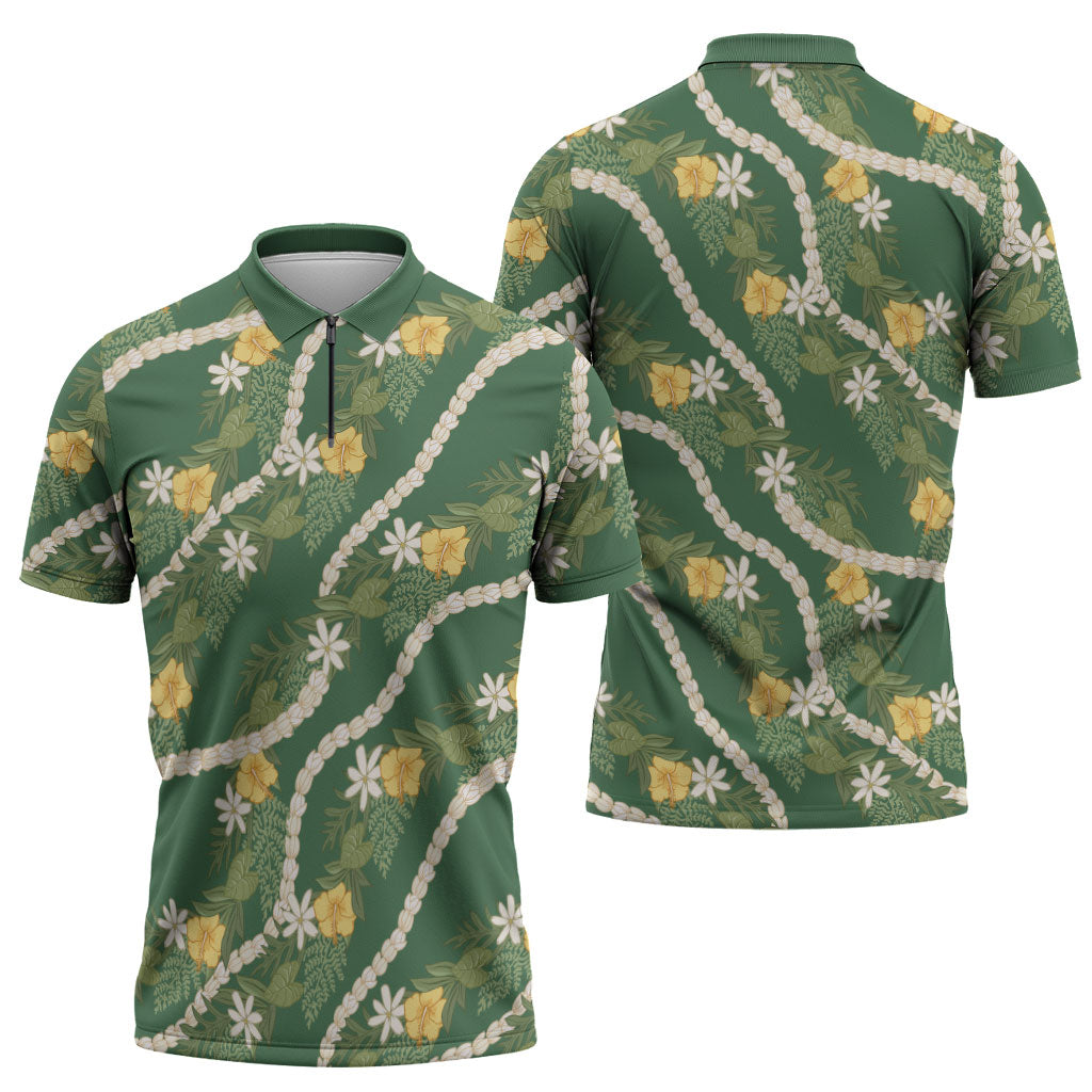 Hawaiian Pikake Maile Lei Zipper Polo Shirt Tiare Hibiscus Kalo Palapalai Leaf Green