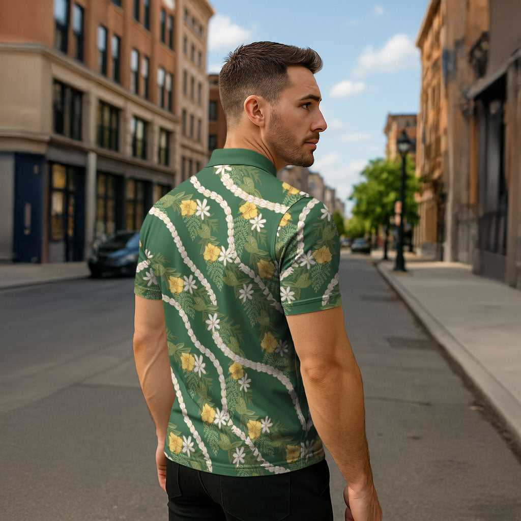 Hawaiian Pikake Maile Lei Zipper Polo Shirt Tiare Hibiscus Kalo Palapalai Leaf Green
