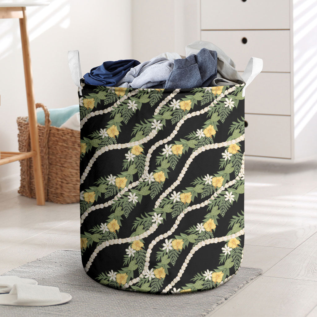 Hawaiian Pikake Maile Lei Laundry Basket Tiare Hibiscus Kalo Palapalai Leaf Black LT19 Black - Polynesian Pride