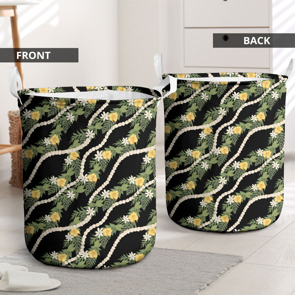 Hawaiian Pikake Maile Lei Laundry Basket Tiare Hibiscus Kalo Palapalai Leaf Black LT19 - Polynesian Pride