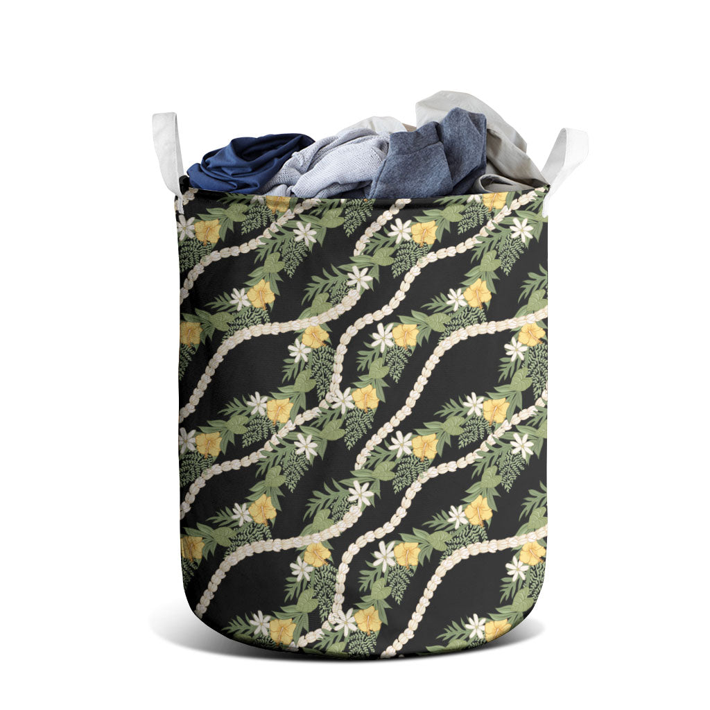 Hawaiian Pikake Maile Lei Laundry Basket Tiare Hibiscus Kalo Palapalai Leaf Black LT19 - Polynesian Pride