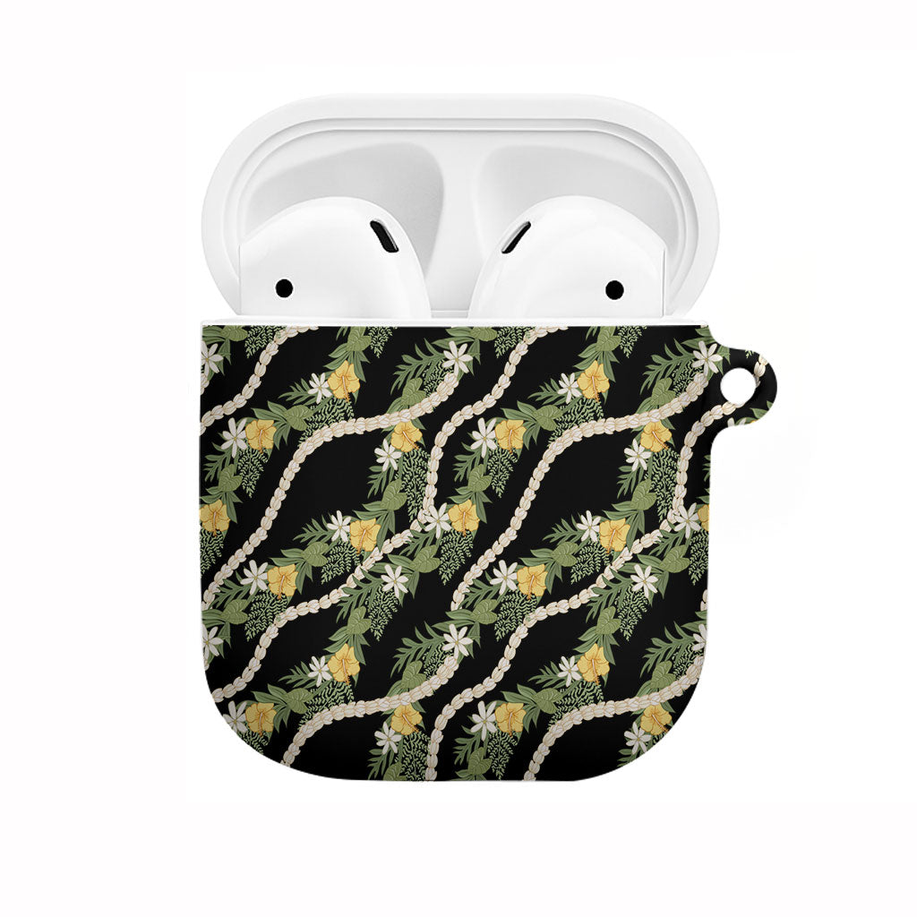 Hawaiian Pikake Maile Lei AirPods Case Tiare Hibiscus Kalo Palapalai Leaf Black