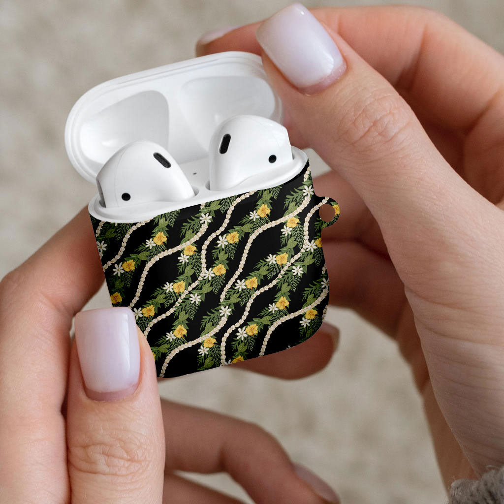 Hawaiian Pikake Maile Lei AirPods Case Tiare Hibiscus Kalo Palapalai Leaf Black