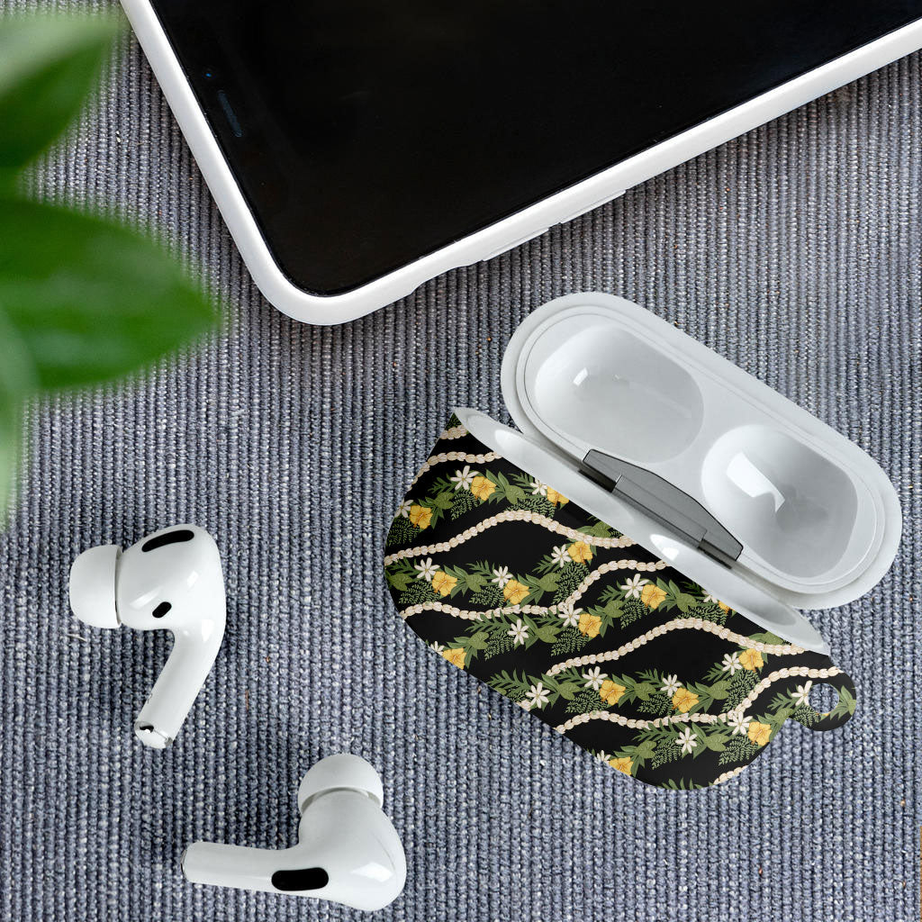Hawaiian Pikake Maile Lei AirPods Case Tiare Hibiscus Kalo Palapalai Leaf Black