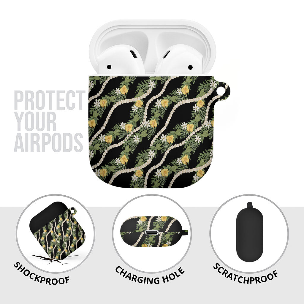 Hawaiian Pikake Maile Lei AirPods Case Tiare Hibiscus Kalo Palapalai Leaf Black
