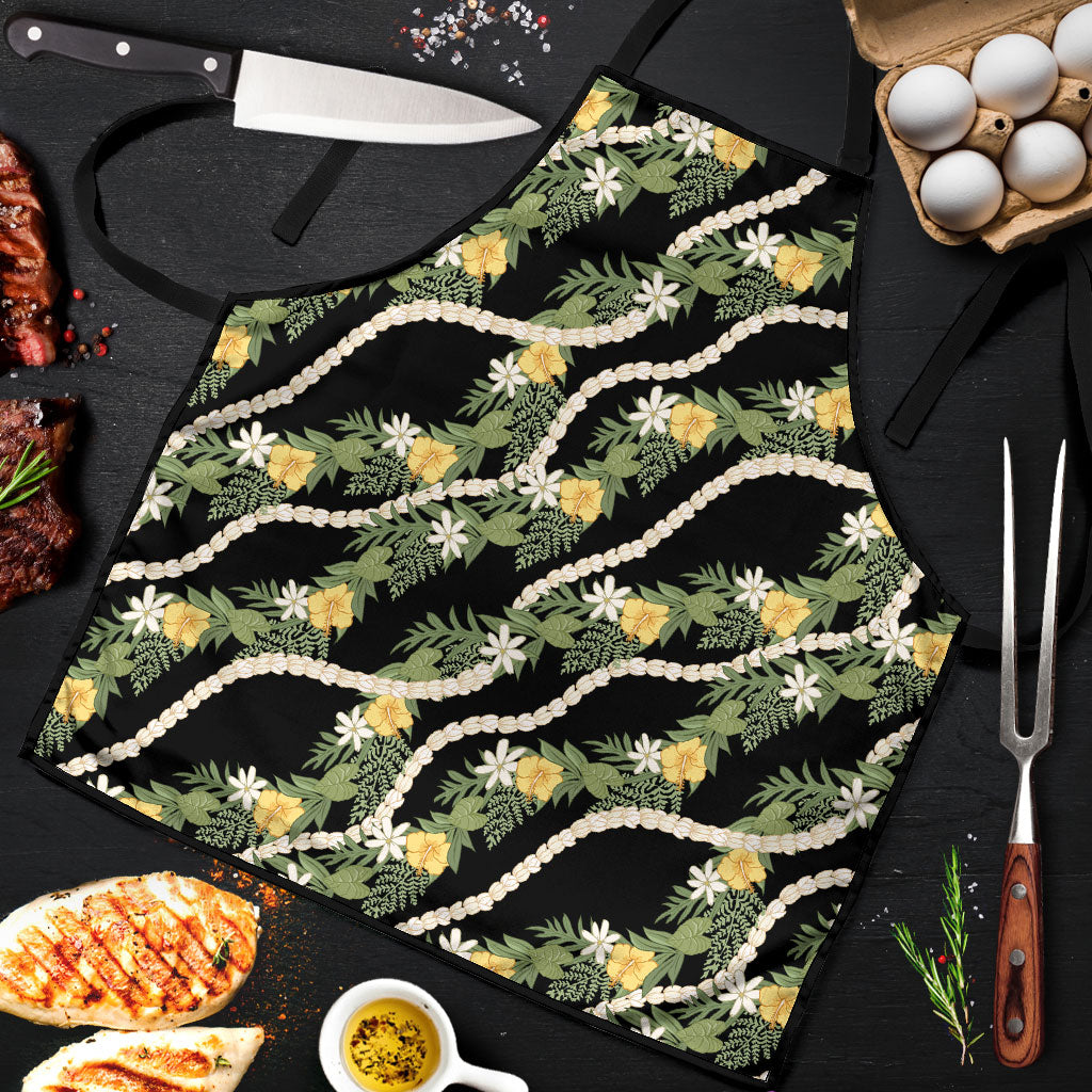Hawaiian Pikake Maile Lei Apron Tiare Hibiscus Kalo Palapalai Leaf Black LT19 Black - Polynesian Pride