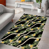 Hawaiian Pikake Maile Lei Area Rug Tiare Hibiscus Kalo Palapalai Leaf Black