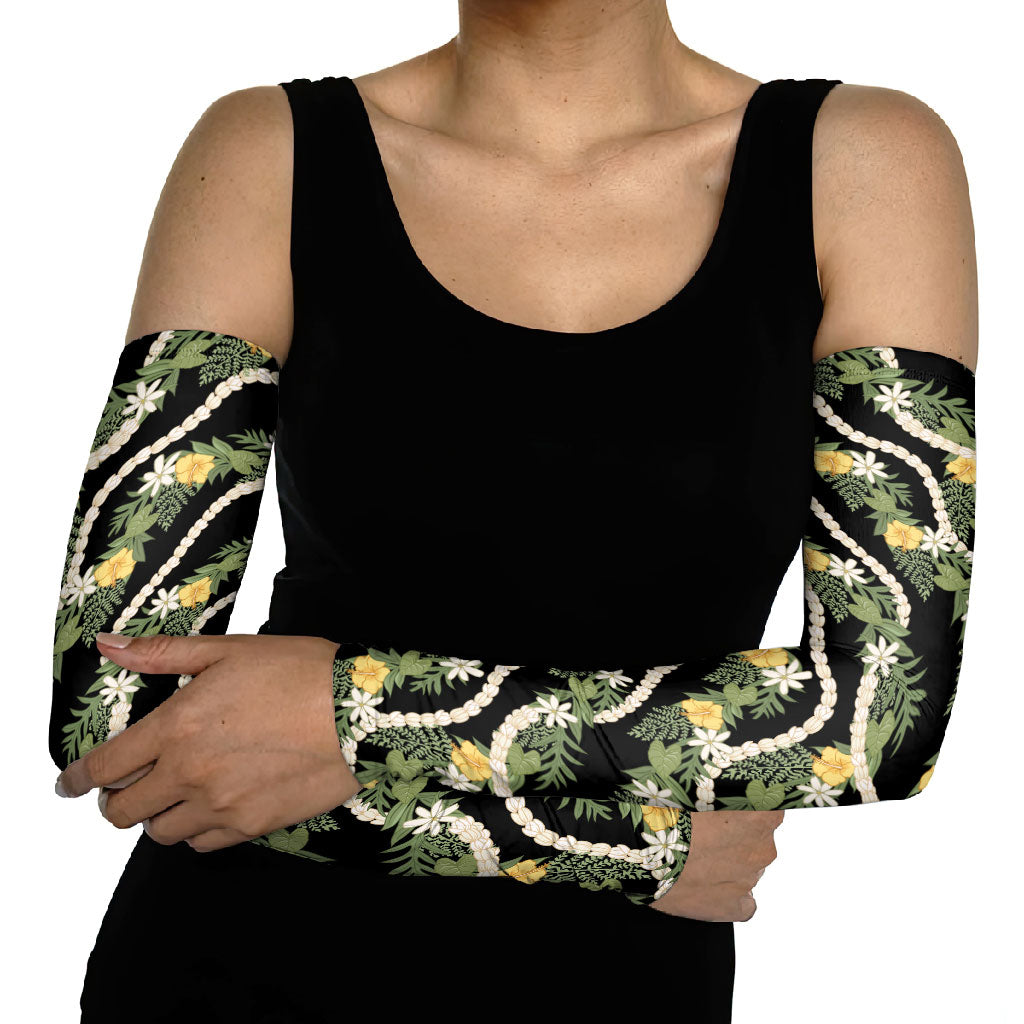 Hawaiian Pikake Maile Lei Arm Sleeves Tiare Hibiscus Kalo Palapalai Leaf Black LT19 - Polynesian Pride