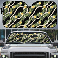 Hawaiian Pikake Maile Lei Auto Sun Shade Tiare Hibiscus Kalo Palapalai Leaf Black LT19 Black - Polynesian Pride