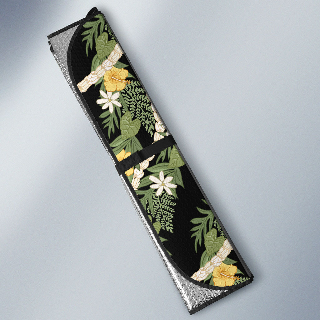 Hawaiian Pikake Maile Lei Auto Sun Shade Tiare Hibiscus Kalo Palapalai Leaf Black LT19 - Polynesian Pride