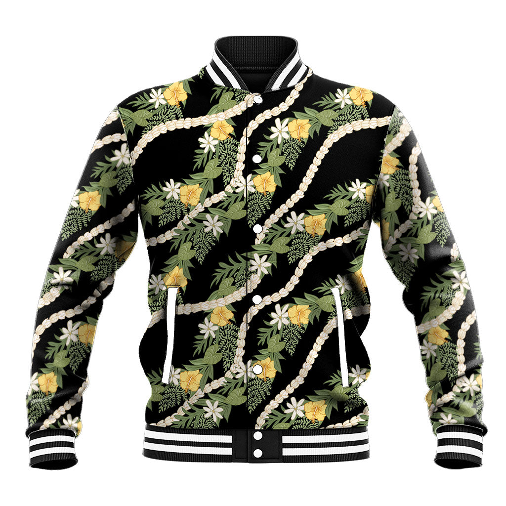 Hawaiian Pikake Maile Lei Baseball Jacket Tiare Hibiscus Kalo Palapalai Leaf Black LT19 Unisex Black - Polynesian Pride