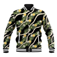Hawaiian Pikake Maile Lei Baseball Jacket Tiare Hibiscus Kalo Palapalai Leaf Black LT19 Unisex Black - Polynesian Pride